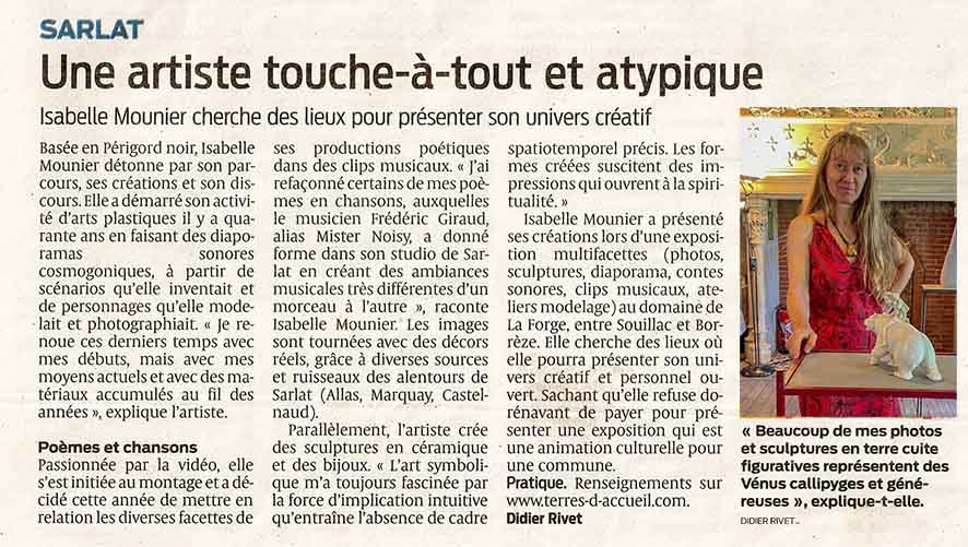 article du journal Sud Ouest sur Isabelle Mounier, artiste touche-à-tout et atypique