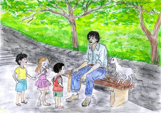 conteur parmi les enfants, dessin d'Isabelle Mounier